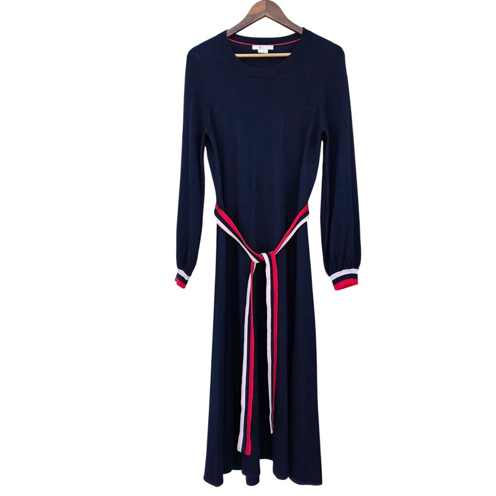 Boden Navy Knit Midi Dress with Red and White Stripe Belt - Picture 5 of 10